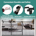 Full product shot of the black ALLAIBB metal safety gate showcasing the complete extension kit pieces.