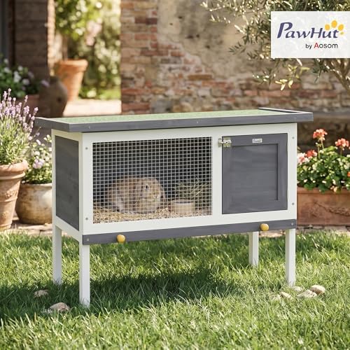 PawHut Outdoor Rabbit Hutch, Wooden Bunny Cage with Openable Roof and Pull-Out Tray, Elevated Guinea Pig Cage for Rabbits, Chinchillas and Small Animals, Indoor Outdoor Use, Gray - Image 3