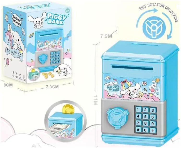 FUAN cartoon money saving box highlighting the gear-shaped rotary dial locking system and door hinge.