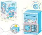 FUAN cartoon money saving box highlighting the gear-shaped rotary dial locking system and door hinge.
