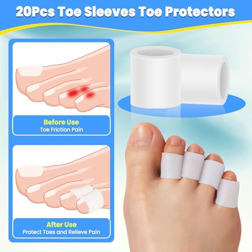 Silicone pinky toe sleeves for corn and blister relief shown on foot.