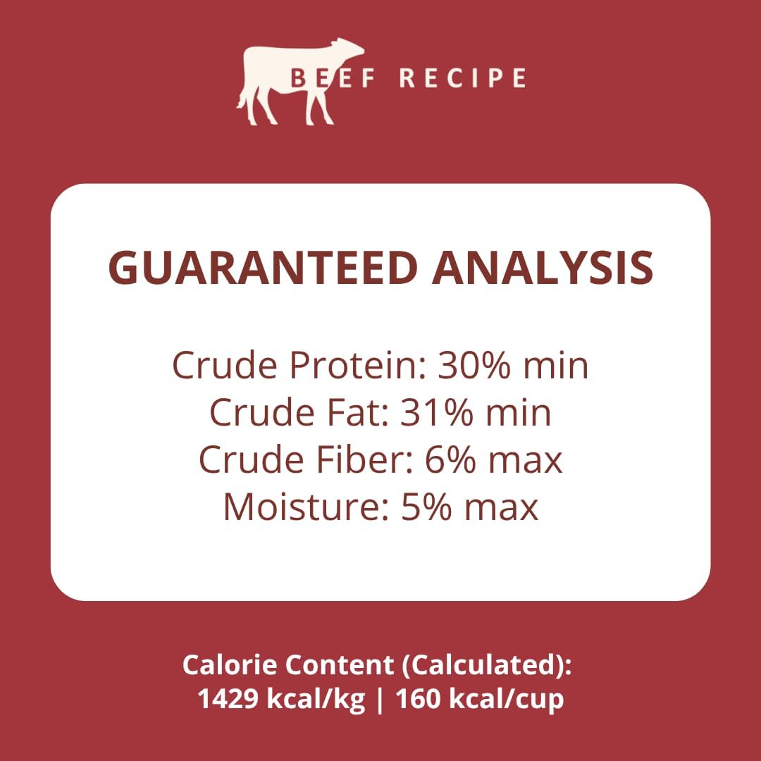 Grain free freeze-dried beef nuggets nutritional analysis on packaging panel