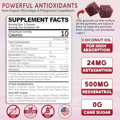 EnvyDeal vegan sugar free astaxanthin 24mg dietary gummies nutrition facts panel showing resveratrol and vitamin b1