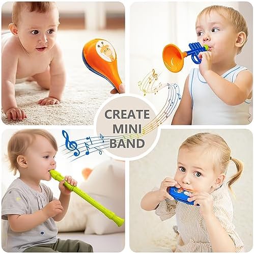 Toddler hand holding the easy grip maraca and tambourine from the iPlay iLearn early learning collection