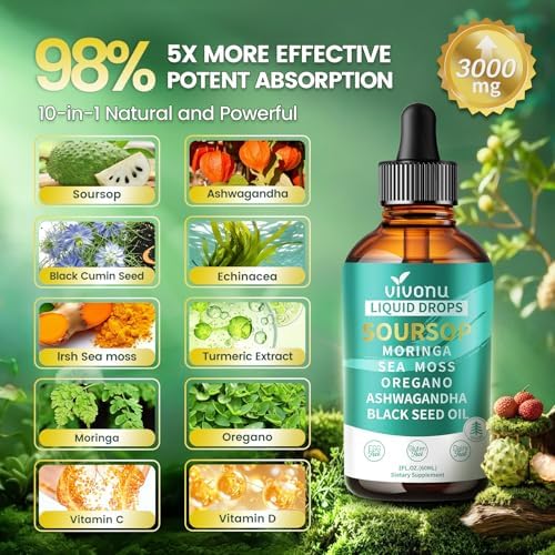Amber glass bottle of VivoNu Soursop Bitters liquid supplement with dropper cap.