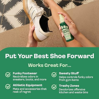 4 ounce bottle of Happy Soles eucalyptus mint refreshing shoe spritz