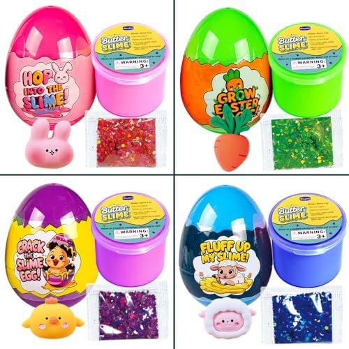 Close-up of the adorable miniature spring figurines including a bunny, chick, lamb, and carrot mixed into the slime.