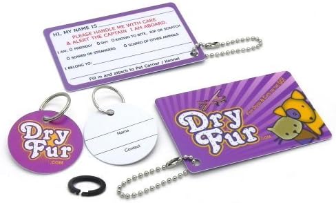 DryFur pet travel accessories including spill proof water dishes and reflective live animal labels