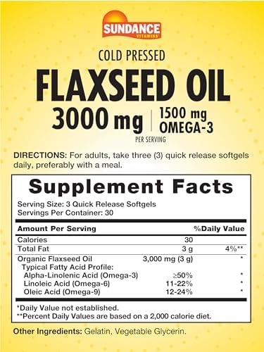Sundance organic flaxseed oil capsules showing cold pressed essential fatty acids nutrition label