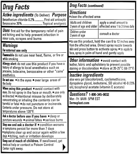 Dermoplast Analgesic and Antiseptic Spray packaging displaying active ingredients list