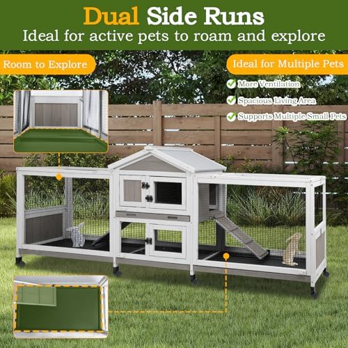 PetsCosset Double Rabbit Hutch Outdoor Indoor Large Bunny Cage with Dual Side Runs, 2-Story Wooden Hutch with 4 Leak Proof Trays, 8 Wheels, Waterproof Roof, Ramp, for Small to Medium Animals - Image 5