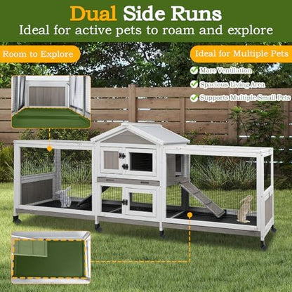PetsCosset Double Rabbit Hutch Outdoor Indoor Large Bunny Cage with Dual Side Runs, 2-Story Wooden Hutch with 4 Leak Proof Trays, 8 Wheels, Waterproof Roof, Ramp, for Small to Medium Animals - Image 5