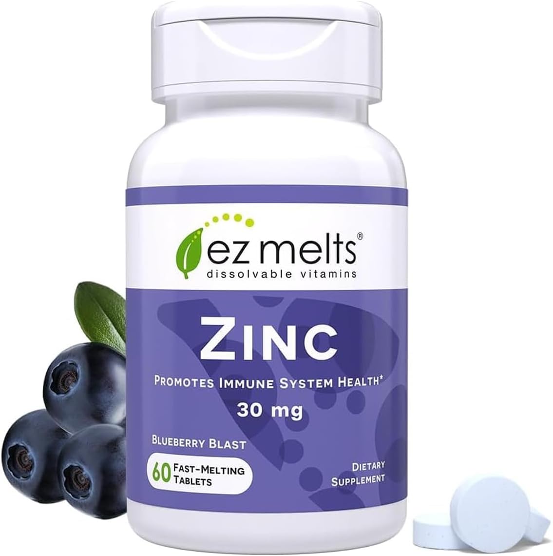 EZ Melts Zinc 30 Milligrams Fast Dissolvable Tablets front view bottle for immune support