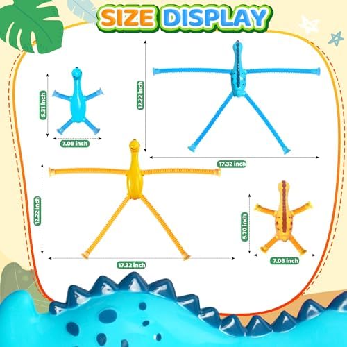 Four colorful telescopic suction cup dinosaur toys in different poses