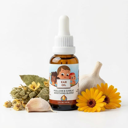 Wally's Natural Organic Ear Oil front view of 0.5 fluid ounce bottle with dropper.