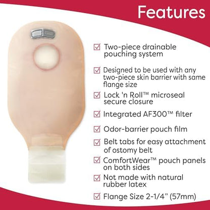 Hollister 18193 colostomy bag showing the integrated filter and red color code flange