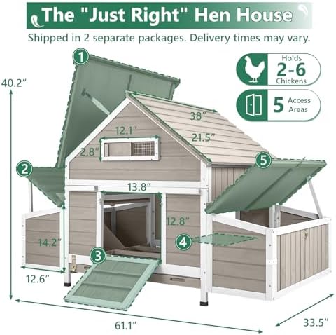 Large Chicken Coop for 4 - 6 Chickens with 6 Nesting Boxes, Wooden Outdoor Hen House with Pull-Out Tray, Backyard Chicken Coop with Weatherproof Openable Roof, 3 Perches, Expandable Run(61"L x 33.5"W) - Image 3