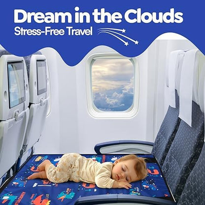 Close up of the Teamko toddler flight bed bundle including the colorful educational books and travel quilt.