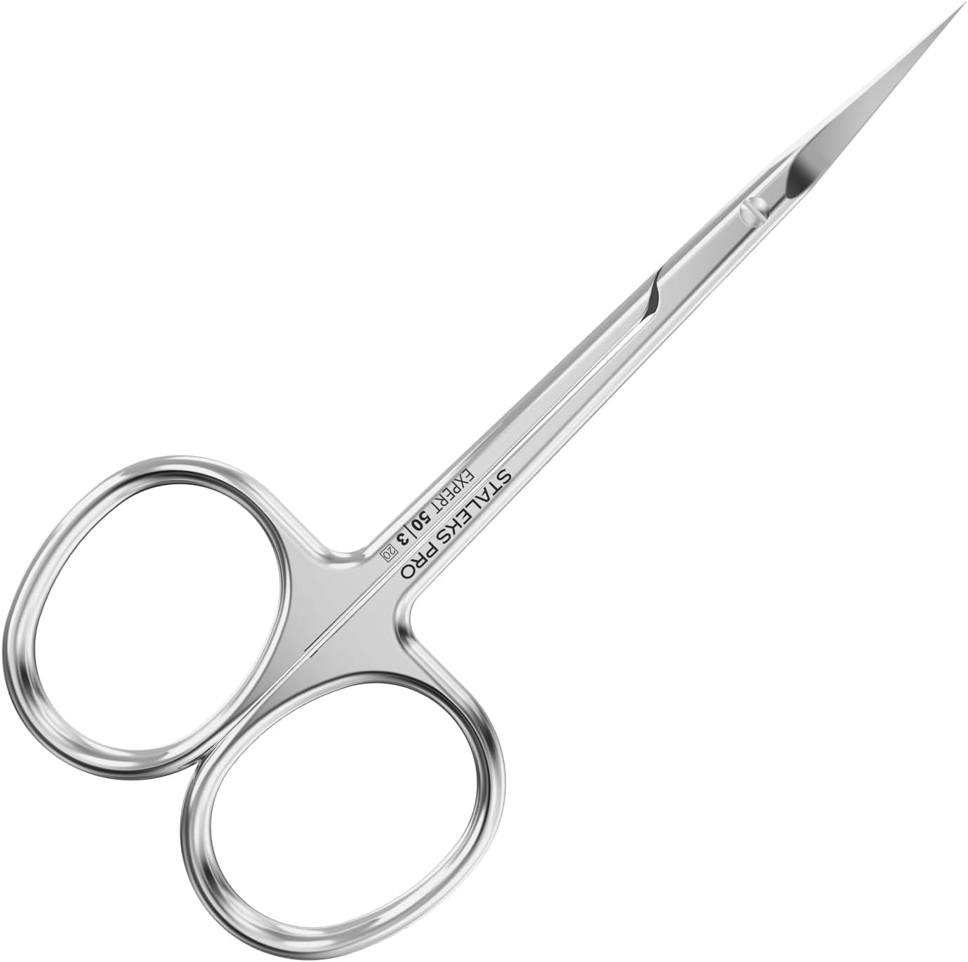 STALEKS Pro Expert 50 Type 3 professional cuticle scissors front view showing curved surgical stainless steel blades.