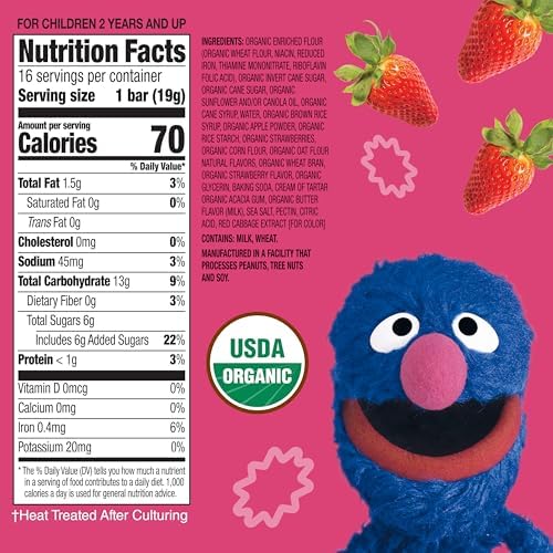 Earth's Best Strawberry Toddler Snack Bars showing organic ingredient labels and Sesame Street Grover character