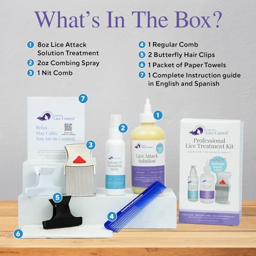 Kapow lice treatment kit contents including shampoo spray comb and instructions