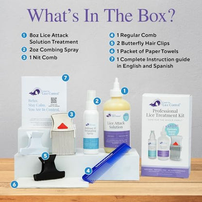Kapow lice treatment kit contents including shampoo spray comb and instructions