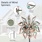 The three hundred and sixty degree rotating mechanism of the artistic patio wind spinner capturing the breeze.