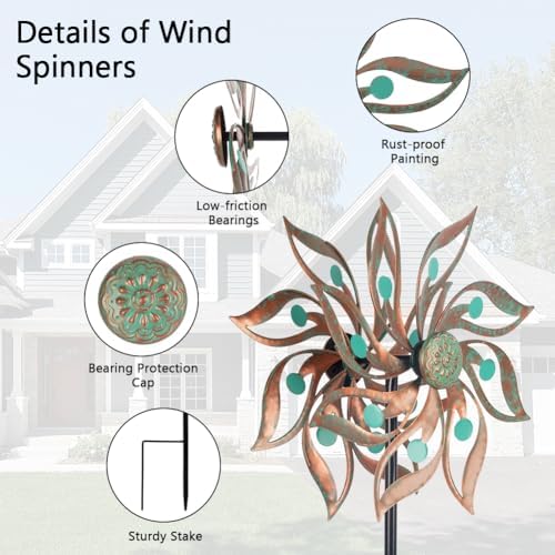 The three hundred and sixty degree rotating mechanism of the artistic patio wind spinner capturing the breeze.