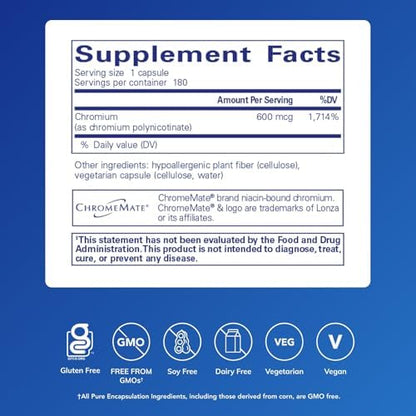 Pure Encapsulations non GMO gluten free chromium supplement bottle standing on clean background