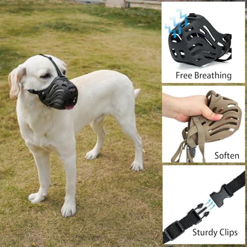 Diketone silicone dog muzzle demonstrating breathable basket weave pattern