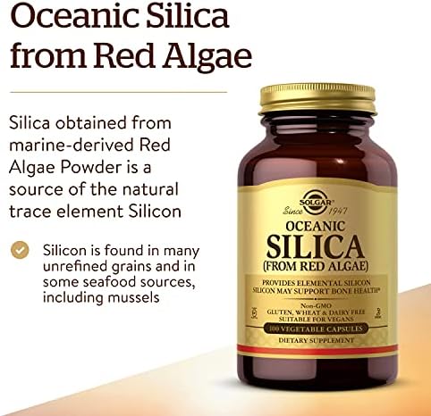 Solgar Oceanic Silica vegan capsules side profile displaying allergen free clean product information