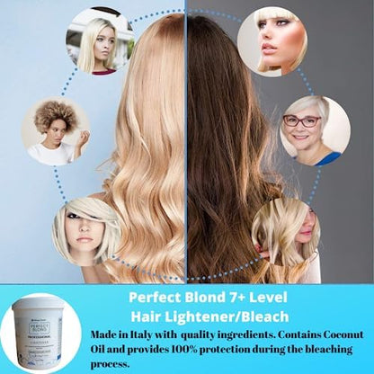 Back label view of Blond Forte blue hair bleaching powder tub showing mixing instructions and product details.