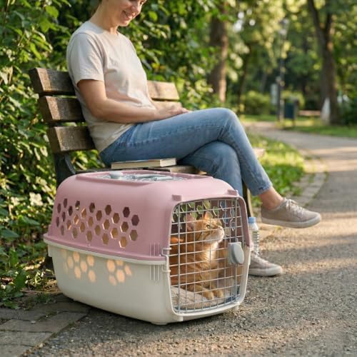 Petmate pink and gray portable pet kennel top loading view