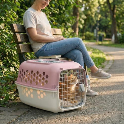 Petmate pink and gray portable pet kennel top loading view