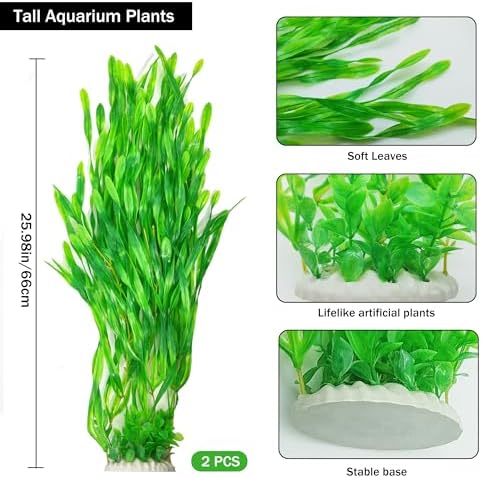 Large lifelike background plastic plants installed inside a deep freshwater aquarium setup.