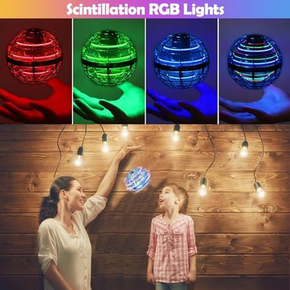 Bright RGB LED lights glowing inside the blue flying orb drone during an evening outdoor flight session.