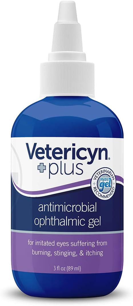 Vetericyn Plus Antimicrobial Eye Gel bottle showcasing the 3 ounce product size details.
