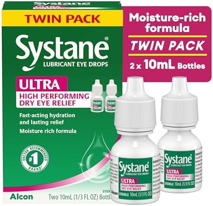 Two ten milliliter bottles of Systane Ultra artificial tears showing USA packaging.
