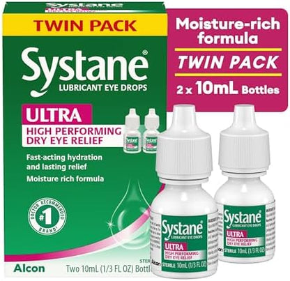 Two ten milliliter bottles of Systane Ultra artificial tears showing USA packaging.