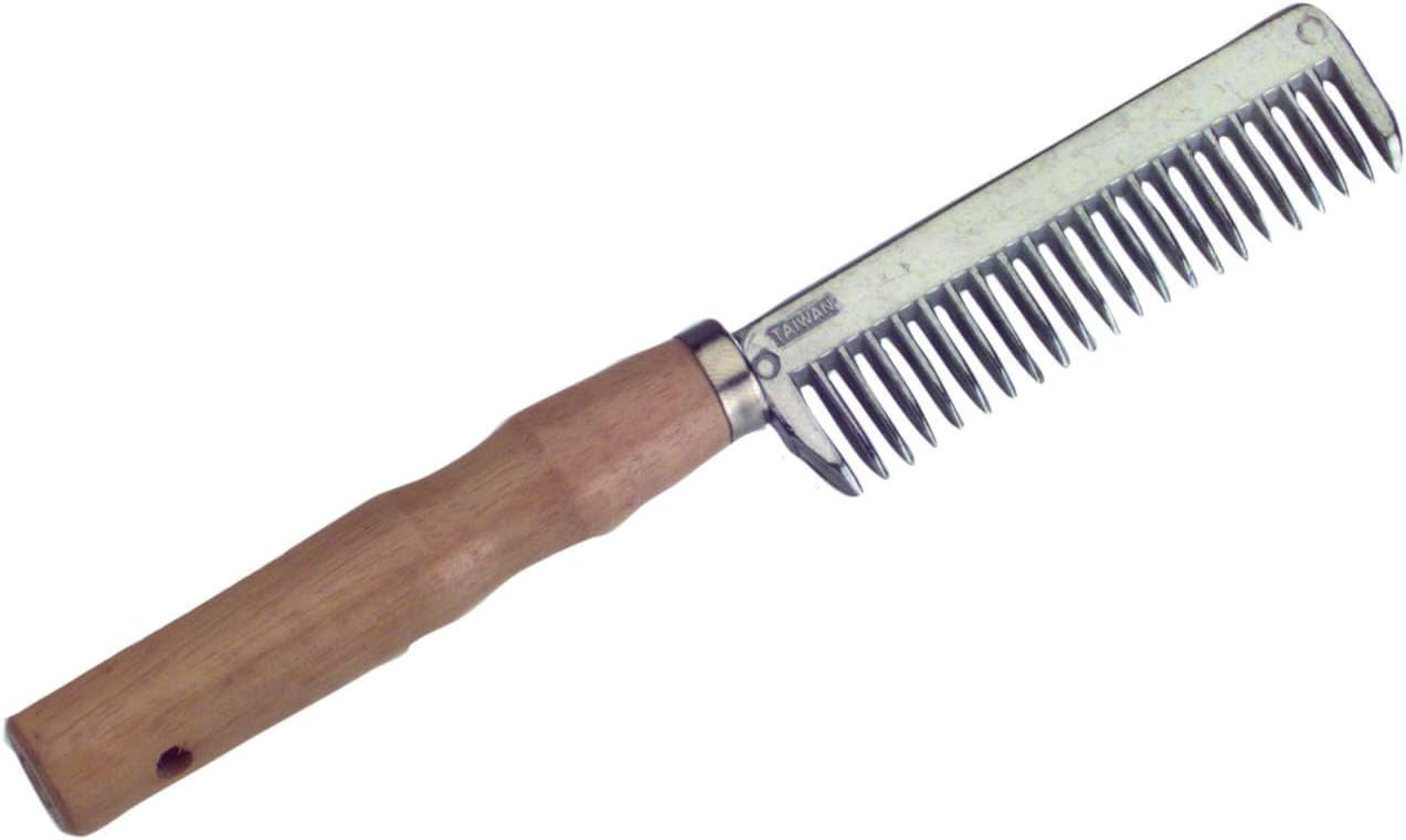 Heavy duty metal teeth pulling comb with ergonomic wooden handle for equestrian care
