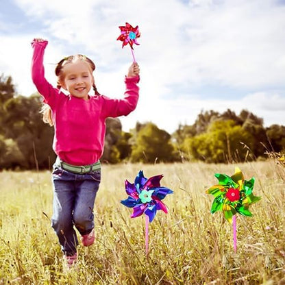 Kids interacting with vibrant lawn windmill set