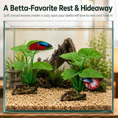 Authentic USA imported UreverFins silk aquarium plants inside a decorated 5-gallon tank setup.