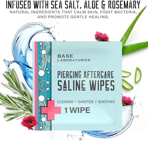Portable saline solution wipes for ear and nose piercing maintenance.