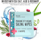 Portable saline solution wipes for ear and nose piercing maintenance.