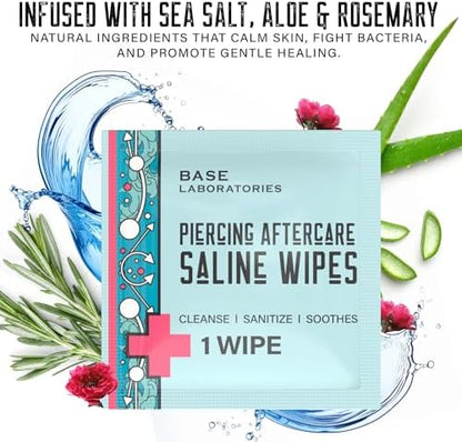 Portable saline solution wipes for ear and nose piercing maintenance.