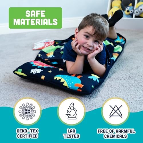 Rudra Retails imported toddler sleeping bag layout demonstrating the attached dinosaur pattern blanket