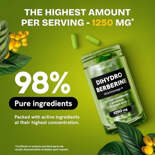 HealMeal Dihydroberberine nutritional facts label detailing GlucoVantage and Ceylon Cinnamon