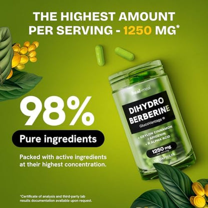 HealMeal Dihydroberberine nutritional facts label detailing GlucoVantage and Ceylon Cinnamon