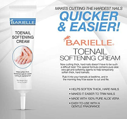 Back of the Barielle Toenail Softening Cream packaging showing instructions.