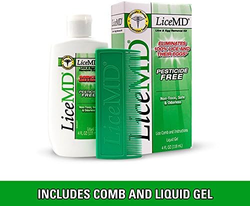 LiceMD non-toxic liquid gel bottle and specialized lice removal comb set.